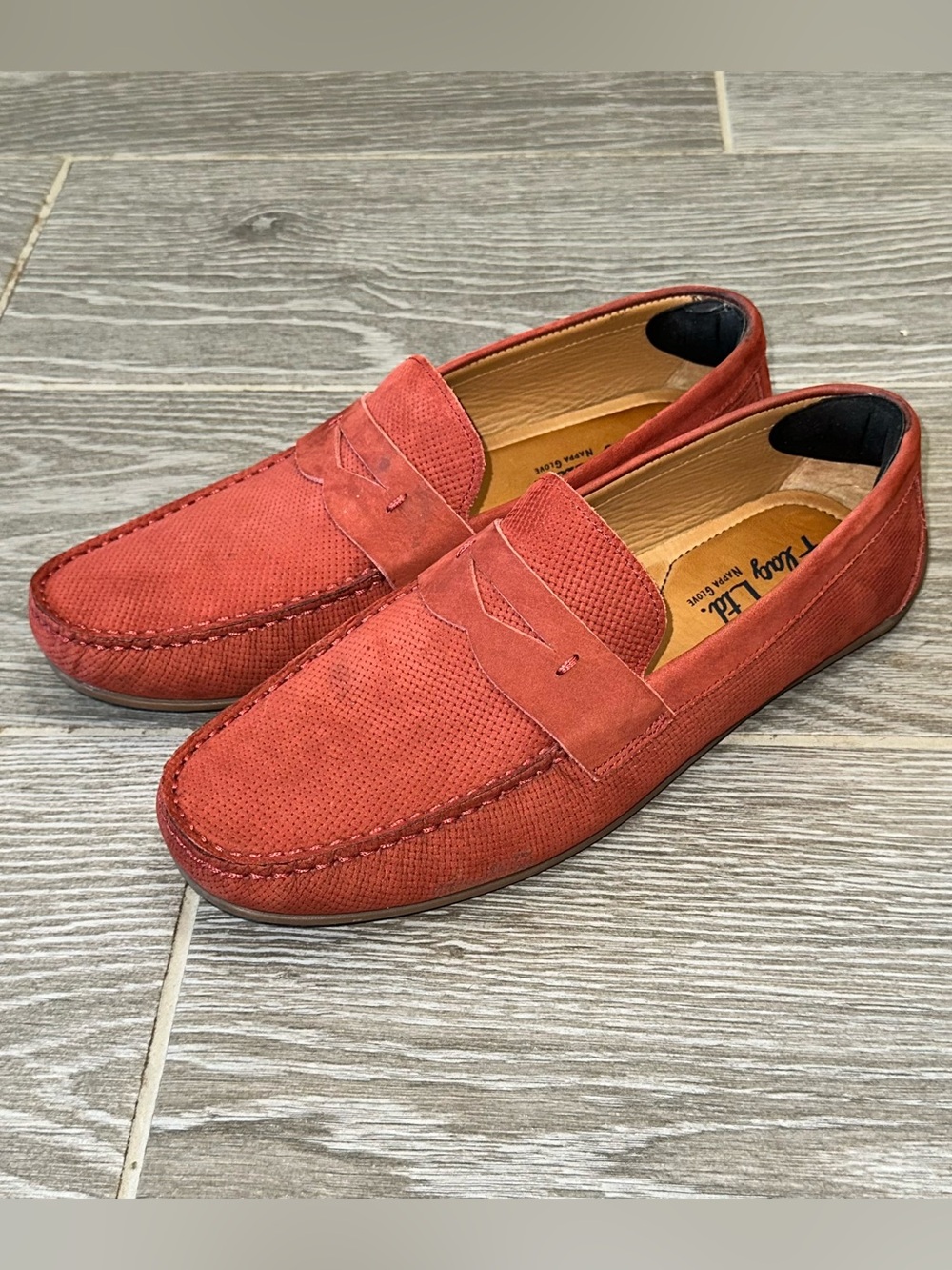 Flag Ltd Men's 9.5M Mario Red Suede Leather Penny Loafer Driver Shoes Perforated
